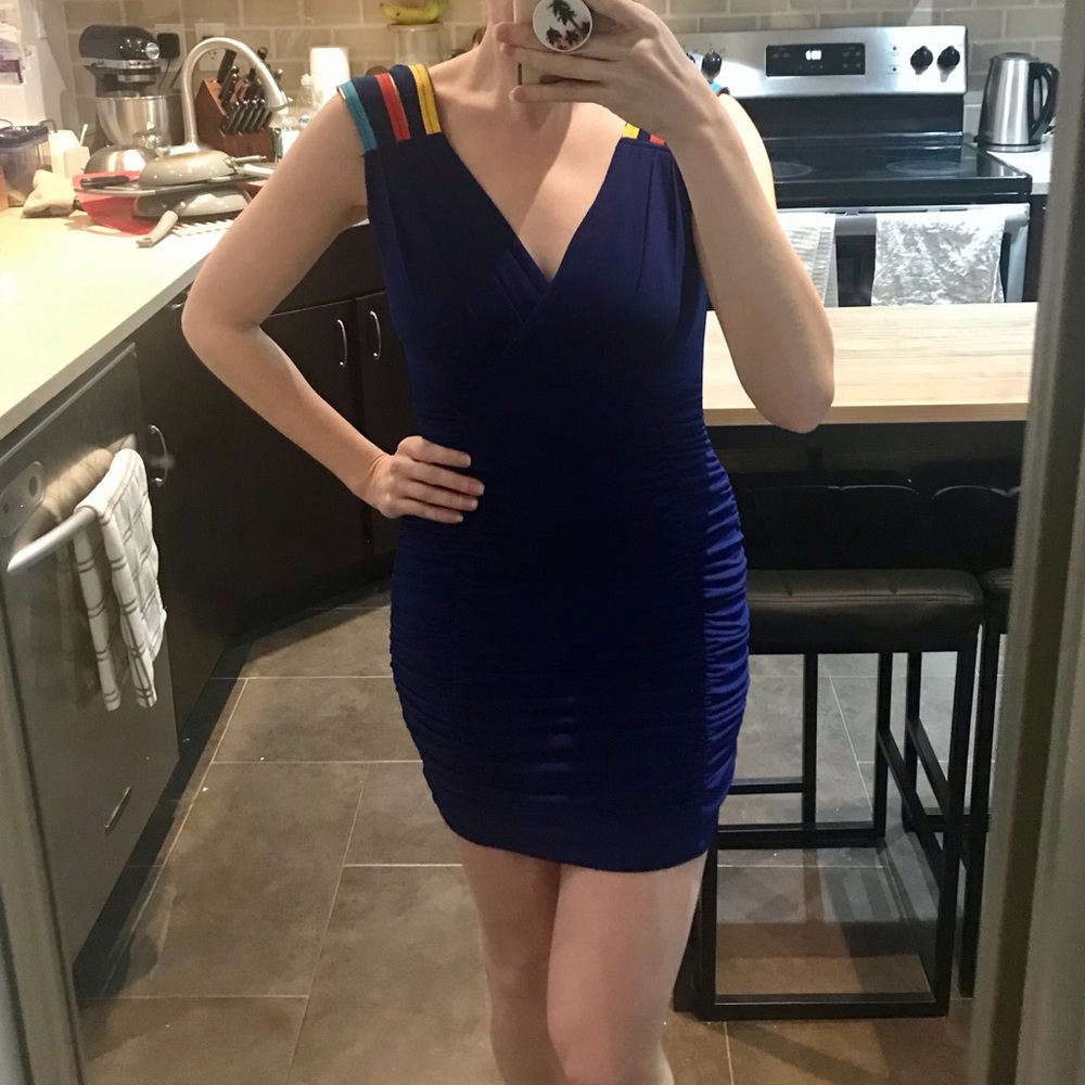 Fun navy blue ruched dress with colourful straps